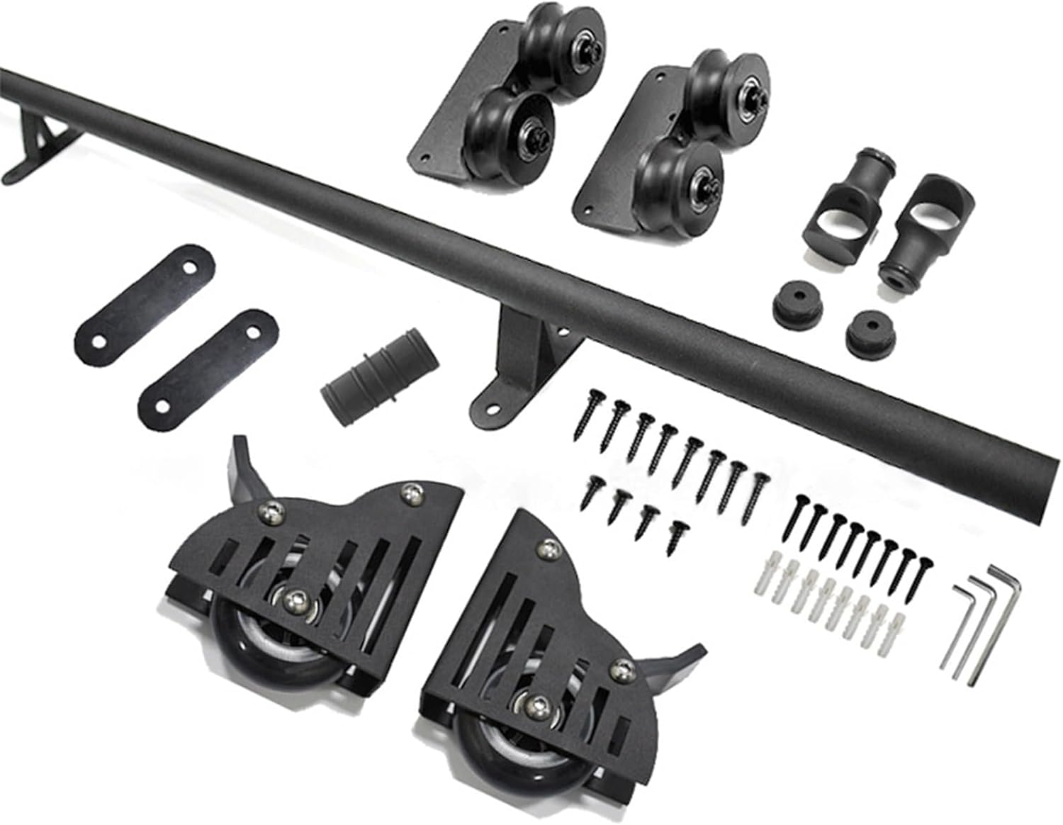 Library Sliding Ladder Hardware Kit (No Ladder), 3.3ft-24ft Wrought Iron Round Tube Rolling Track Full Set, with Floor Roller Wheels + Extension Accessories(3.3ft/100cm T