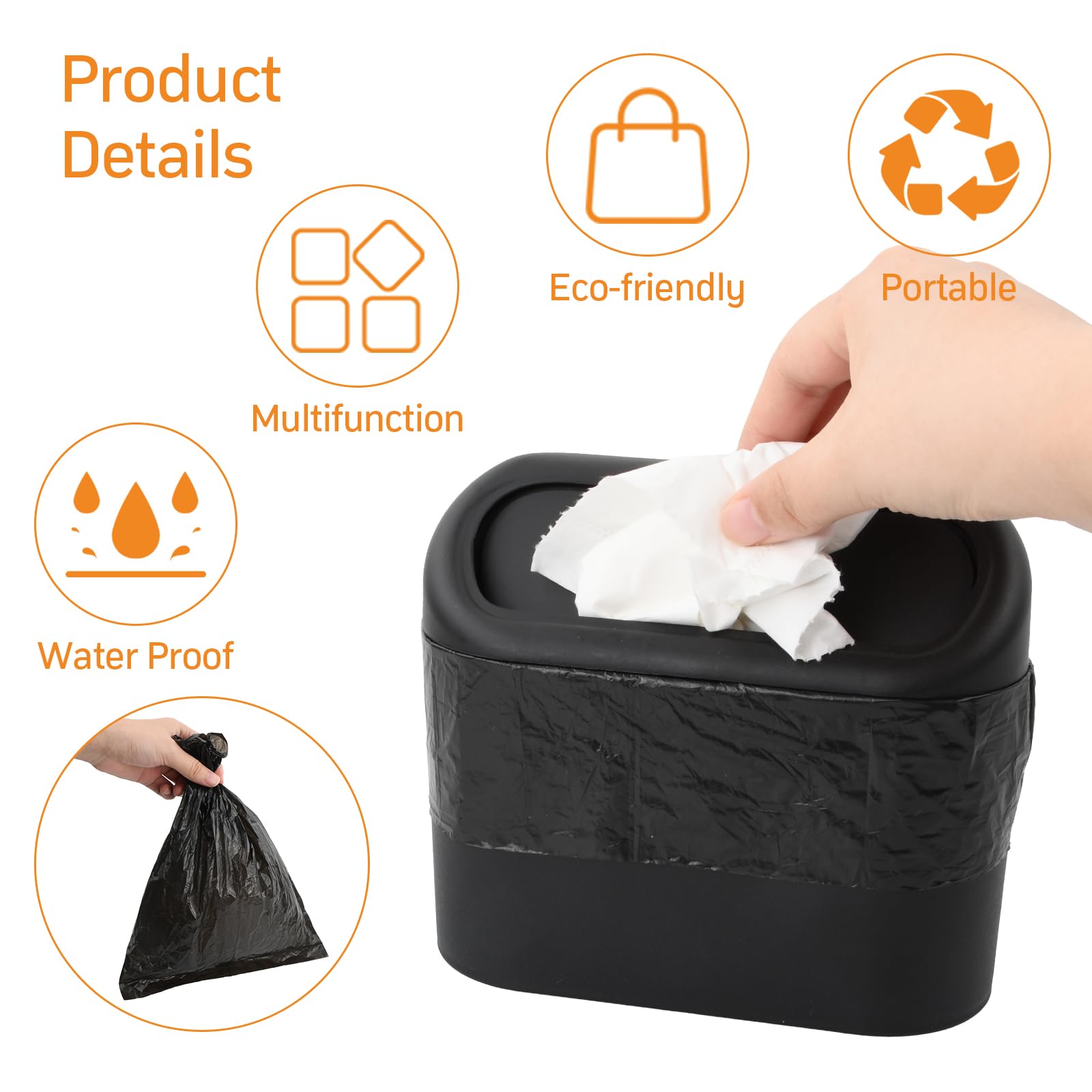 Cestino Auto Con Coperchio - Piccolo 15,5x6,5x14 Cm - Impermeabile ABS - Appendiabiti - Nero - Foto 6