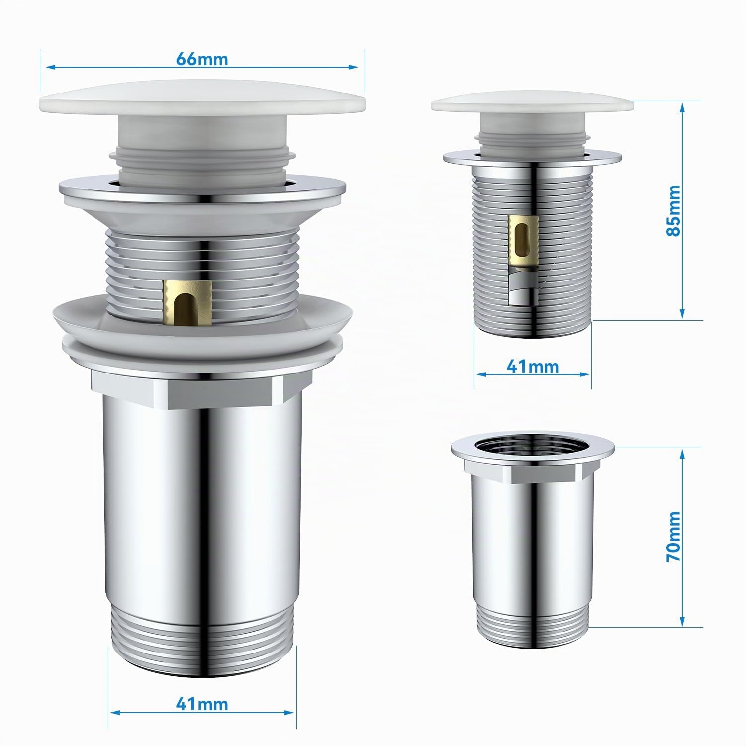 Desagüe Lavabo Blanca con o sin Rebosadero, Tapon Lavabo Click Clack, Tapa Blanca de Cerámica, Válvula Desagüe Pop Up con Cesta Filtrante, Universal G1 1/4" para Baño y Aseo