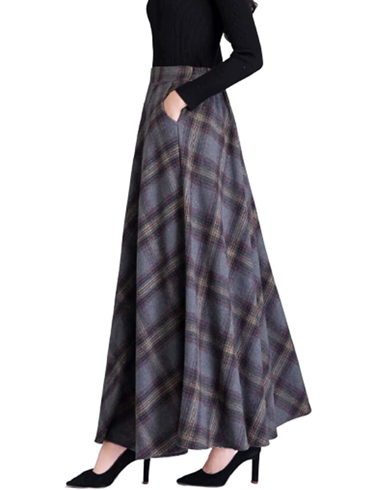 女性のウールのチェック柄のスカートの秋と冬のレディースハイウエストAラインフレアロングスカートプリーツ暖かいレトロビッグスカートスイング,Dark gray,XXL