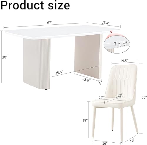Miniatura 3 de Juego de mesa de comedor blanca para 6, juego de mesa de comedor de mármol de 67 pulgadas con mesa ovalada blanca crema de 3.5 pulgadas de grosor