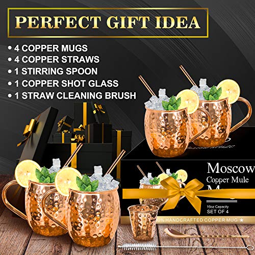 Moscow Mule Copper Mugs - Set Of 4-100% Handcrafted Solid Copper Mugs, Gift Set With 4 Copper Straws, 1 Stirring Spoon, 1 Copper Shot Glass, 1 Straw Cleaning Brush. #TOP6