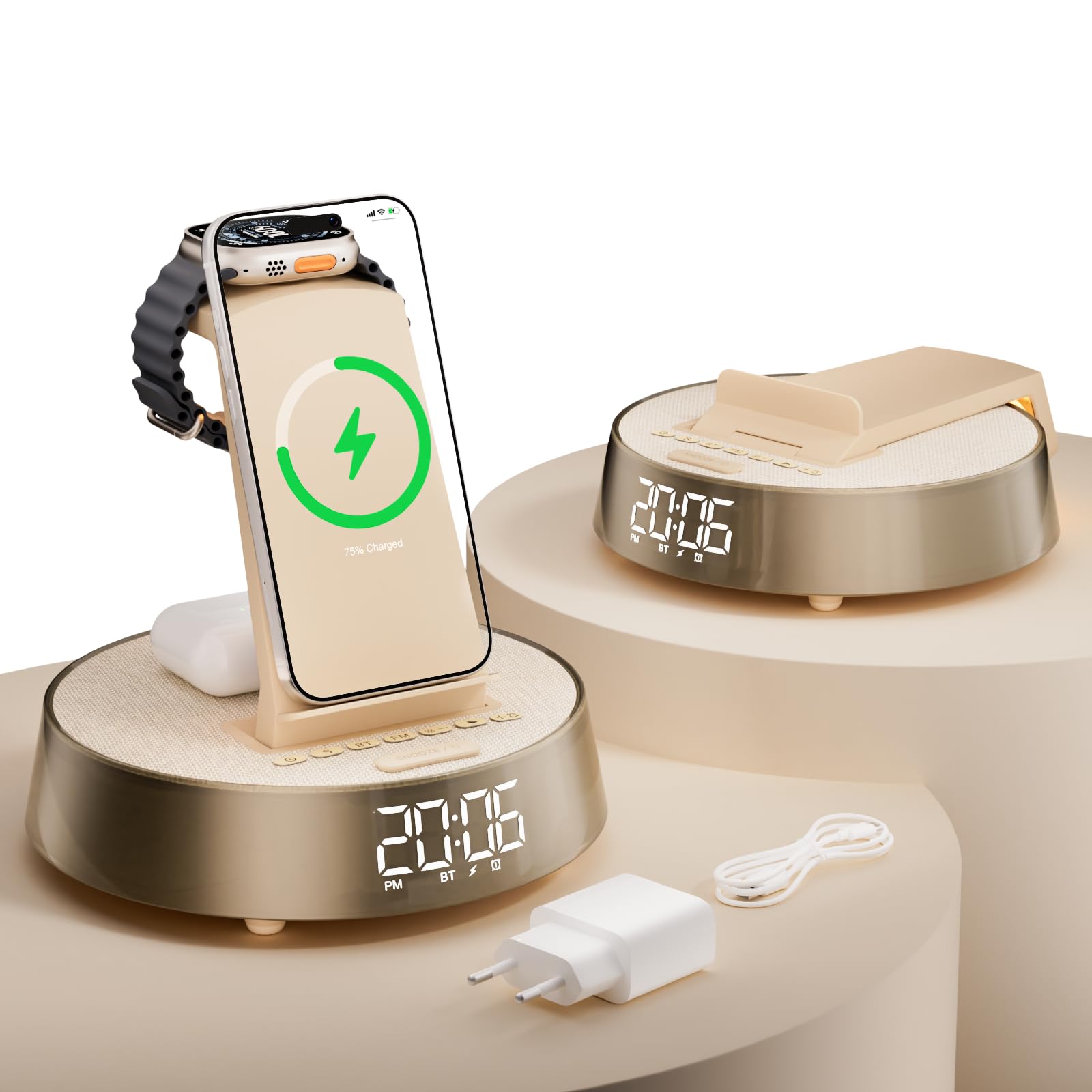 Wireless Charger für iPhone für Samsung, Radiowecker mit Bluetooth Lautsprecher Induktive Ladestation für Apple Watch, Kabelloses Ladegerät für AirPods mit Licht Nachtlampe