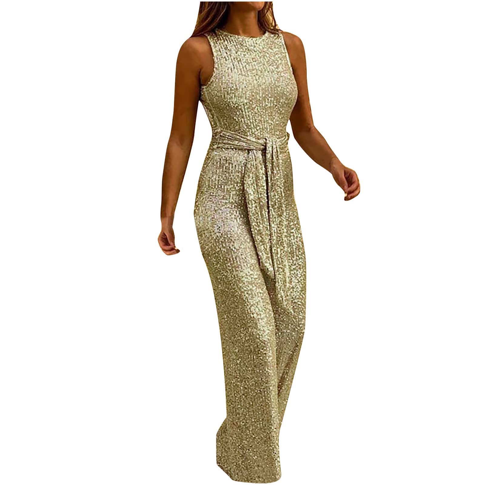 NUSGEAR 2024 Mono Peto Mujer lentejuelas Jumpsuit Moda Sexy Vestidos de noche de cóctel Petos Fiesta Pantalones Largo Pierna Ancha Rompers Slim Fit Camiseta sin manga Cómodo verano primavera