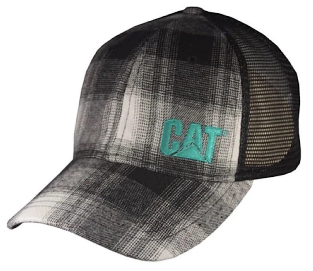 Caterpillar Equipment Trucker Hat, Black and Gray Plaid Pattern, Mesh Back, Teal Logo