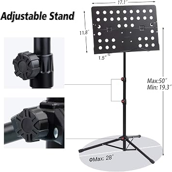 Klvied Professional Sheet Music Stand with Violin Hanger, Folding & Portable Violin Stand With Travel Case, Black