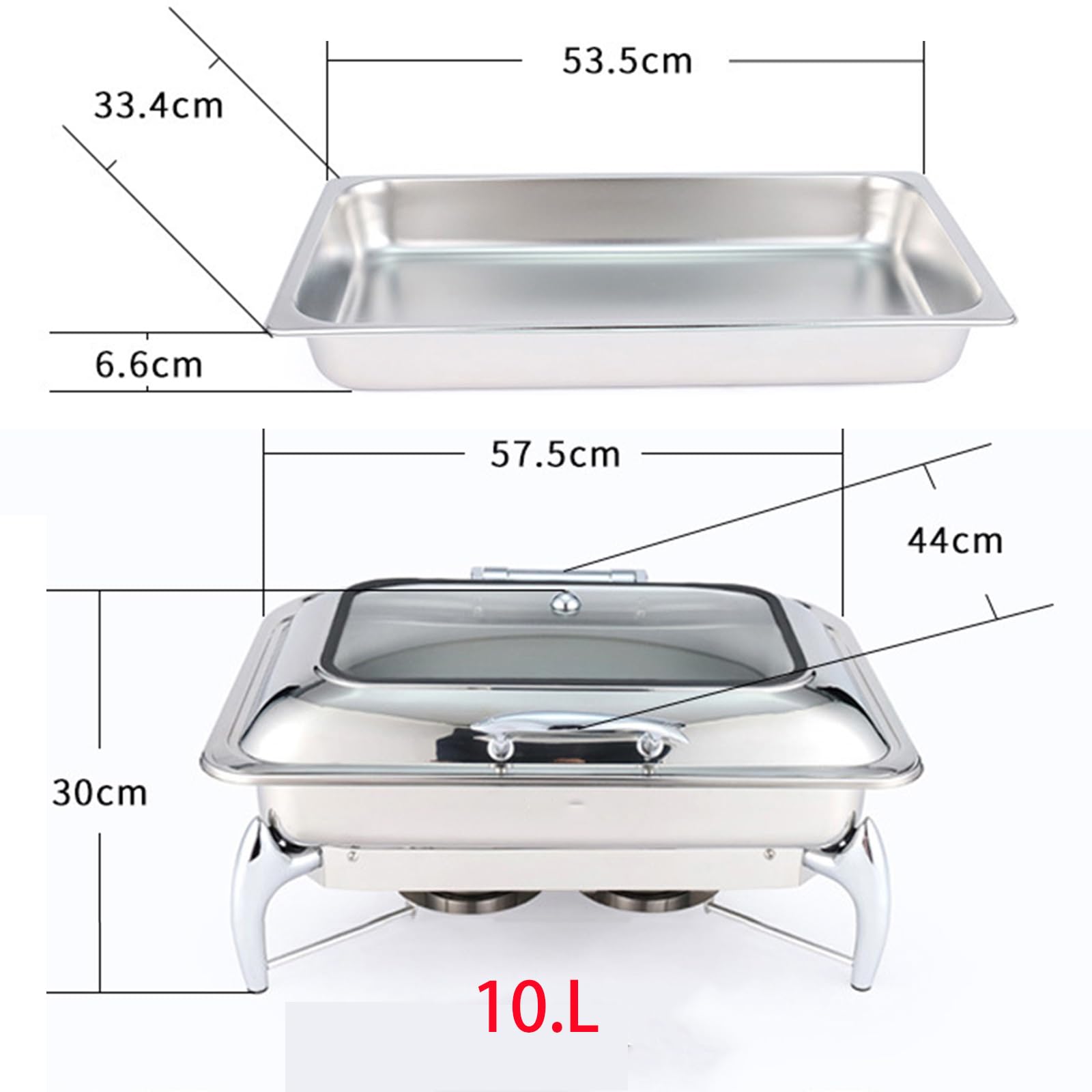 Ensemble de plats rectangulaires en acier inoxydable de 10 L avec couvercle en verre pour banquet traiteur