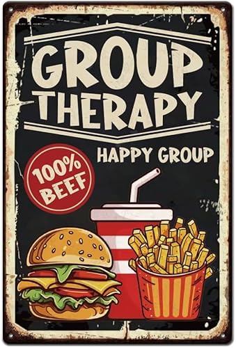 Group Therapy Tin Sign Burger Fries Coke Retro Metal Poster Funny Fast Food Art Sign Happy Group Metal Sign for Restaurants Kitchen Pub Wall Plaque Sign 8