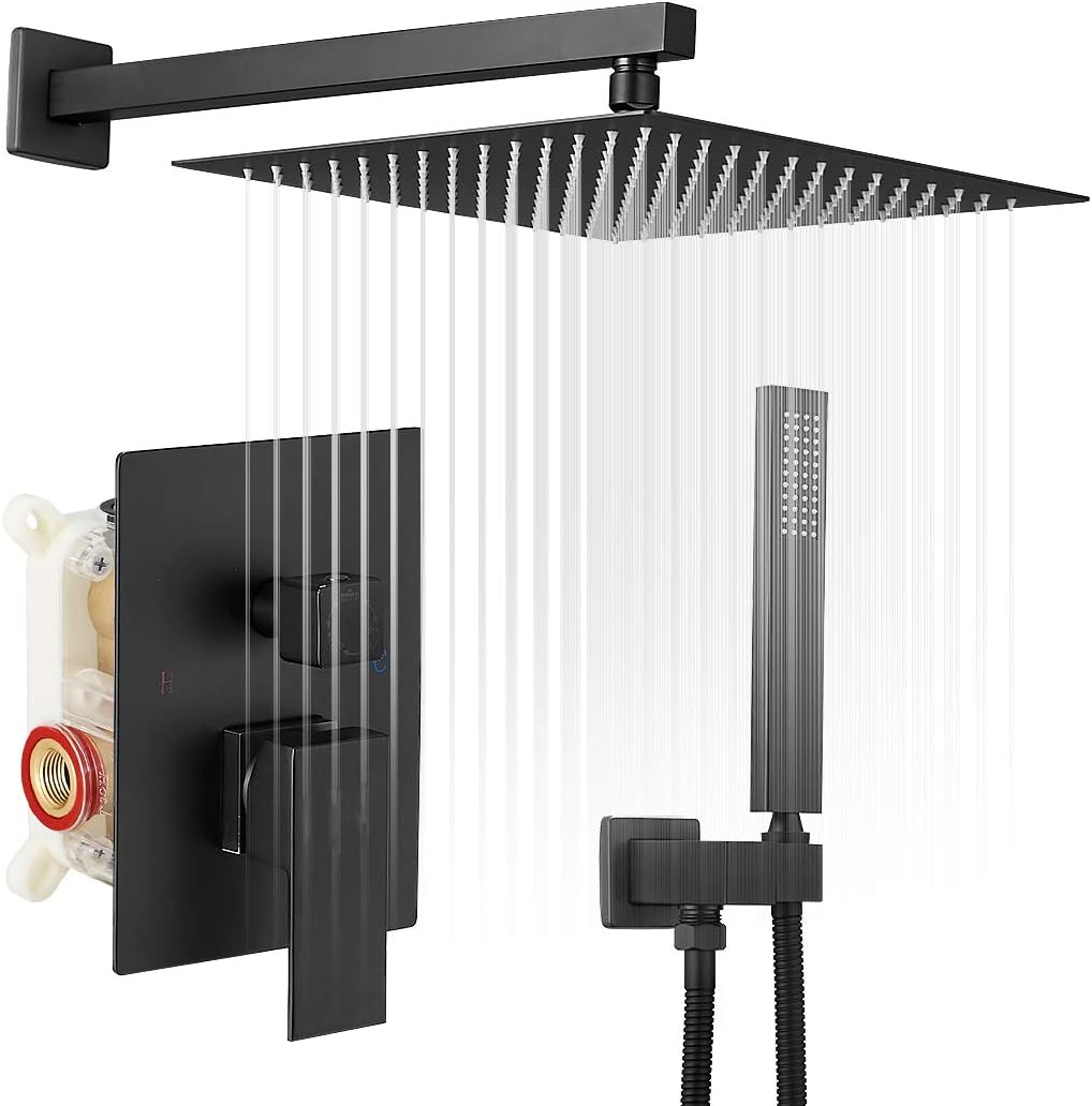 Black Shower System 12 Inch Rain Shower Head with Handheld Combo Set Square Luxury Bathroom Shower Faucet High Pressure Balancing Rough-in Valve Body Wall Mount and Trim Included