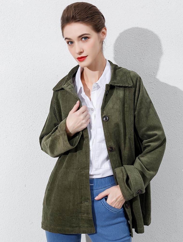 FTCayanz Dames corduroy winterjassen lange mouwen button down casual shirts met zakken, legergroen, XL