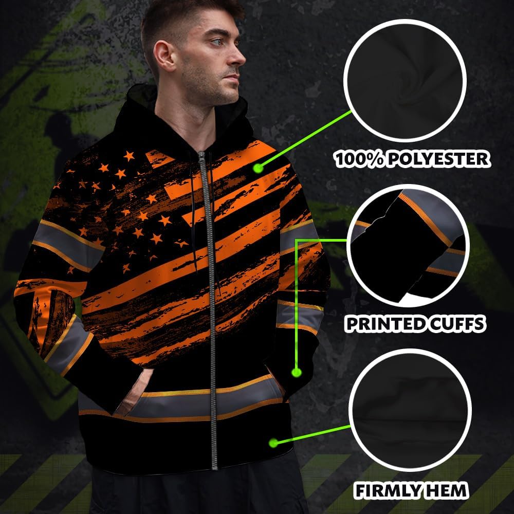 Maddly Hi Vis Reflective Zip Up Hoodie, Orange American Flag High Visibility Safety workwear hoodie for workers, Patriotic