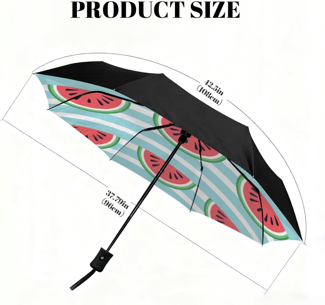 Fruit Watermelon Stripe Folding Umbrella Windproof Compact Lightweight Travel Umbrella with 8 Reinforced Ribs, Portable UV Sun & Rain Protection for Men & Women