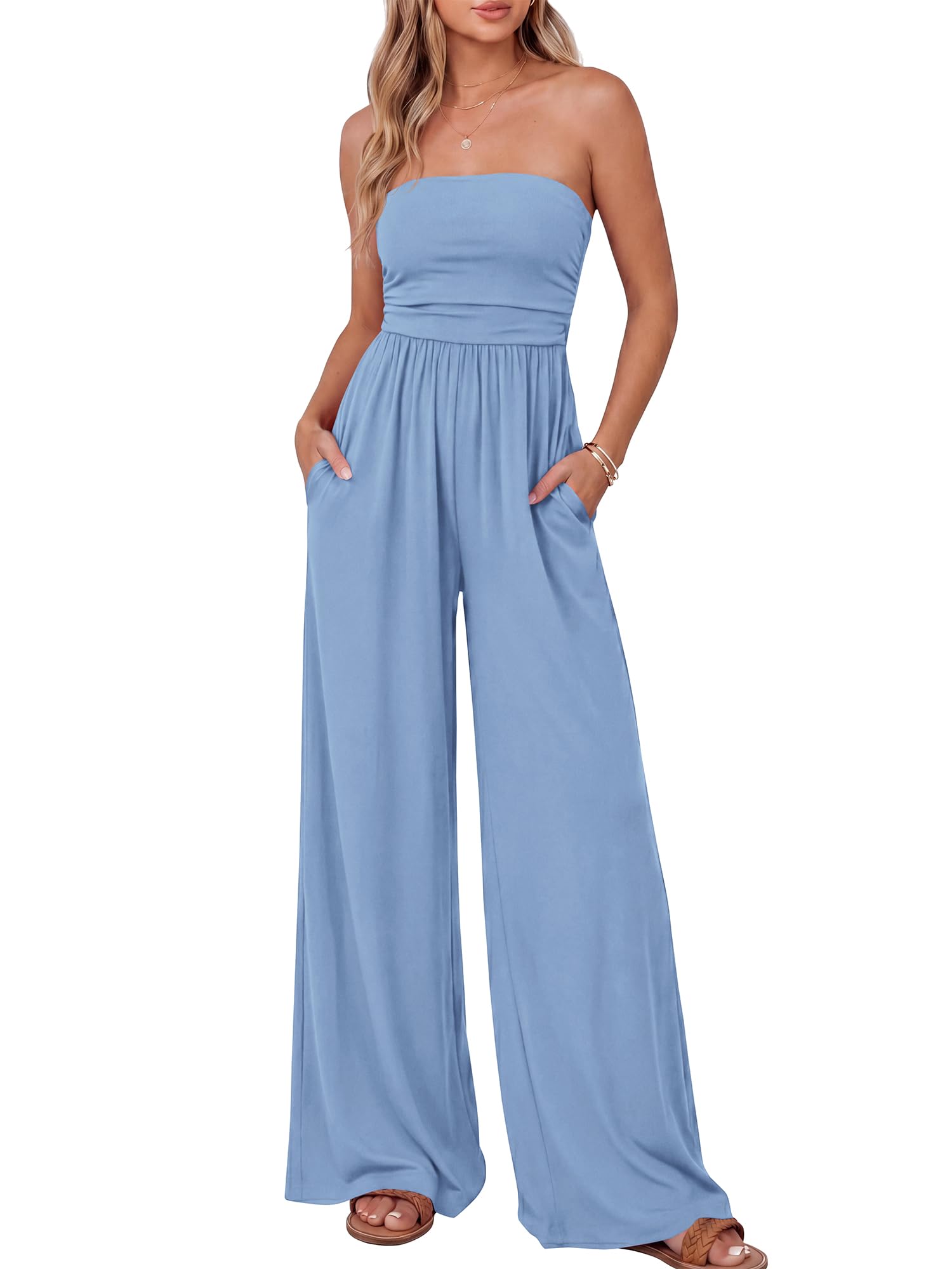 Jumpsuits for Women Summer 2026 Beach Vacation Strapless Tube Top Jumpsuit Ruched Casual Wide Leg Romper-image-32
