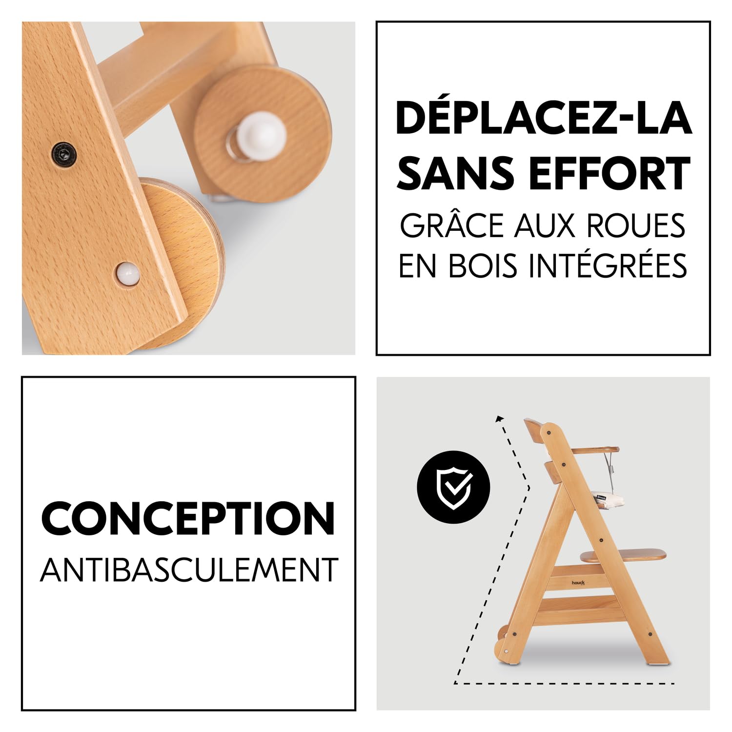 Chaise Haute Bébé Evolutive Beta+ Bois Naturel 6 Mois à 90 kg avec Roulettes et Harnais 5 Points
