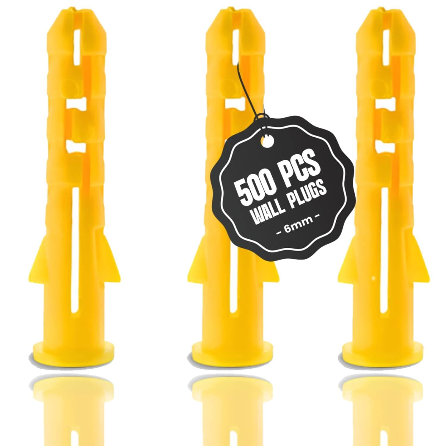 500PCS Yellow Wall Plugs, 6mm Masonry Wall Anchors, Expansion Fixing Plugs for Brick, Concrete, Stone & Plasterboard Walls, Plastic Raw Plugs for Screw Fixings DIY & Construction