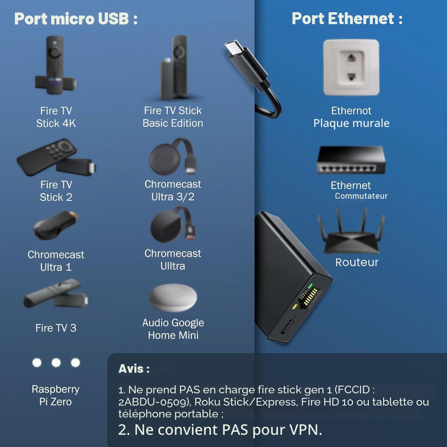 Adaptateur Ethernet Micro USB vers RJ45 pour Fire TV Stick 4K, Chromecast, Google Home Mini