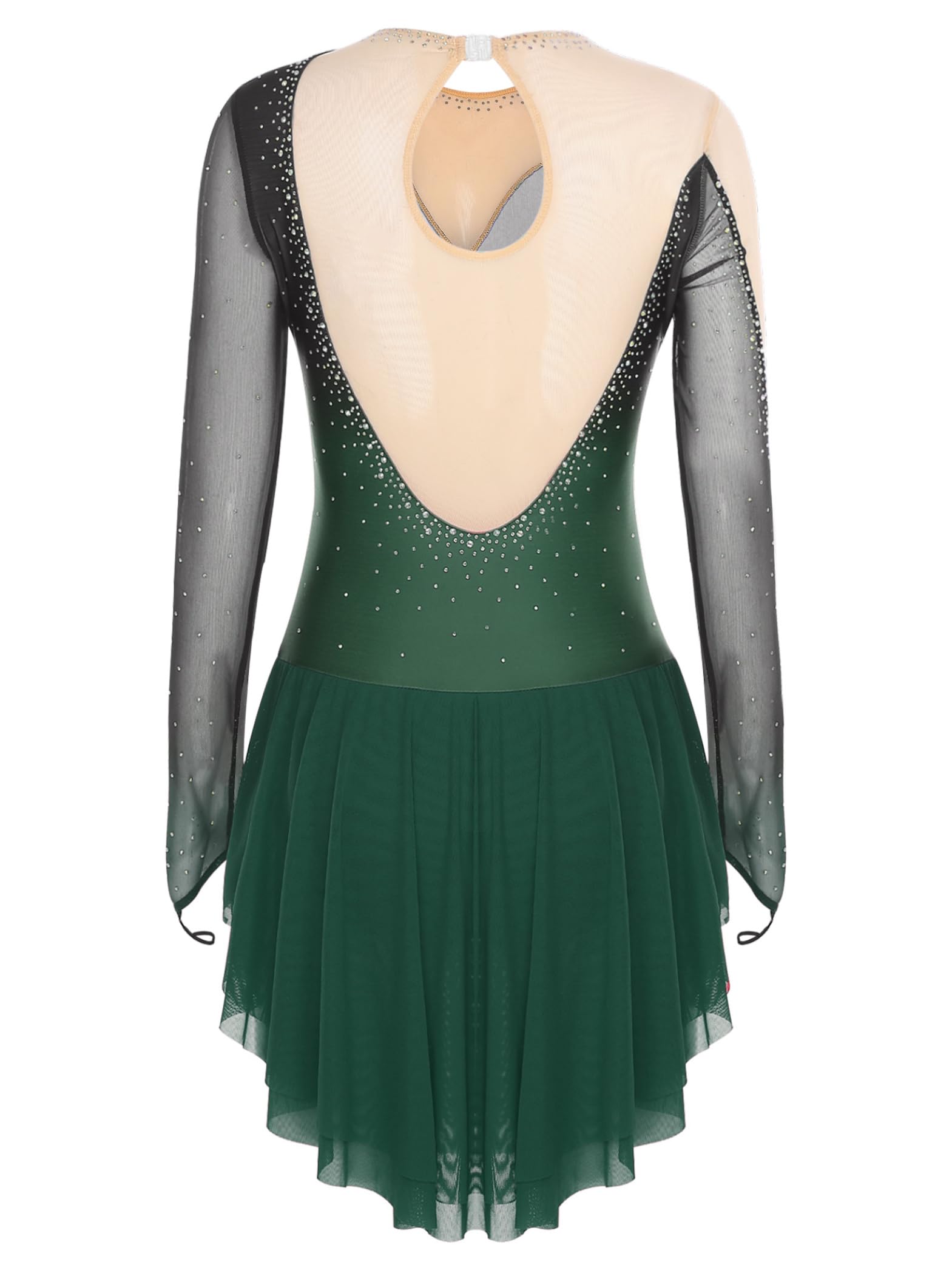 Damen Eiskunstlauf Kleid Glitzer Langarm Rollschuhkleid Farbverlauf Eislaufkleid Strass Glänzend Kürkleid Wettbewerb Tanzkostüm