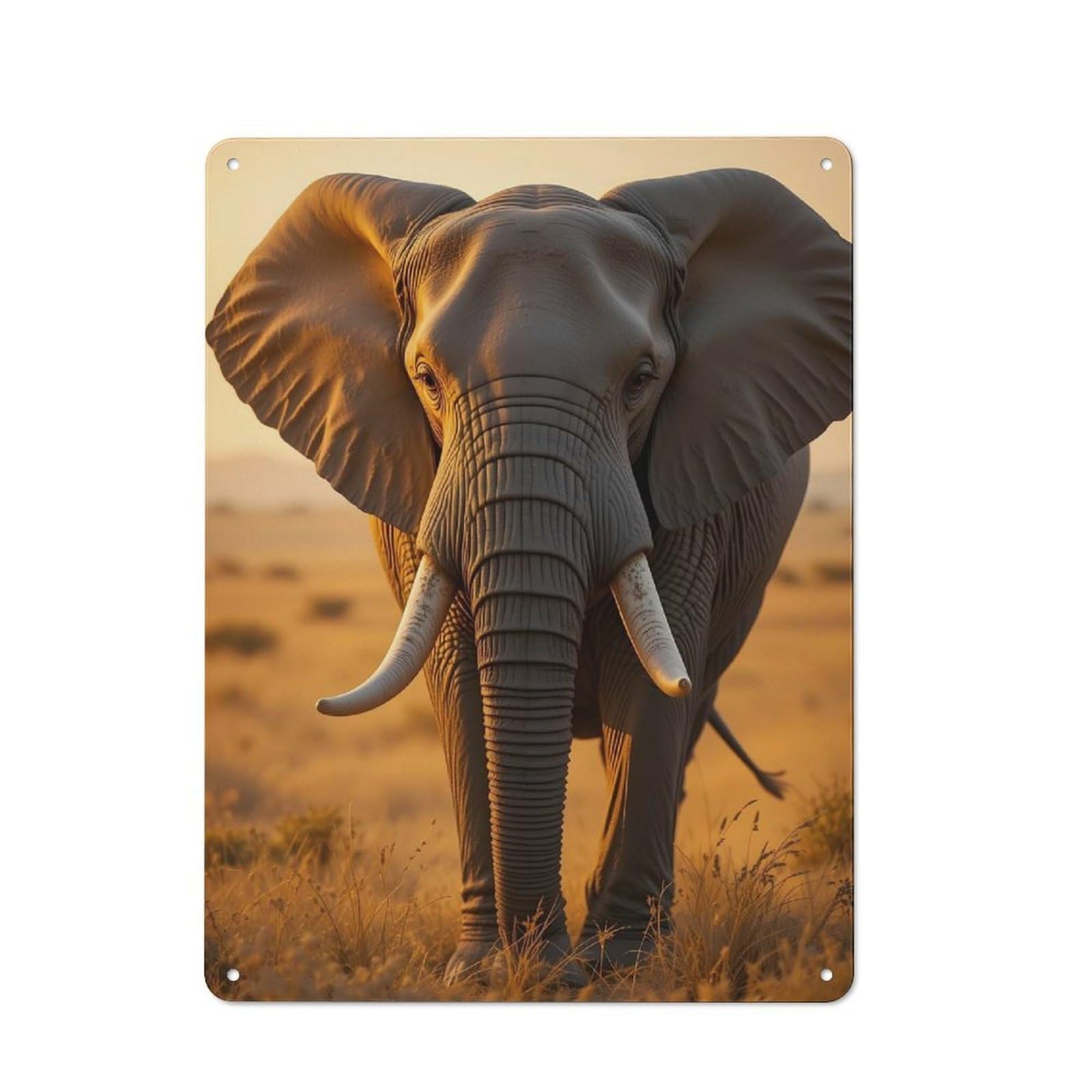Country Country Metal Sign 40x30cm Featuring Majestic Elephant Portrait in Golden Light, Rustic Kitchen Decor for Cottage, Kitchen, Hallway Or Breakfast Nook