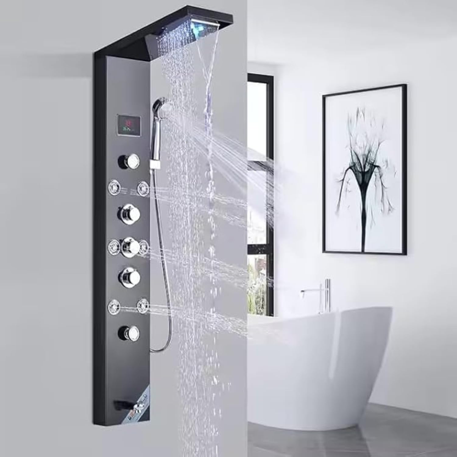 Shower Panel Stainless Steel 304 Grade 6 in 1 Tower Thermostatic System With LED Rainfall Shower | Hot & Cold Water Adjustable | Hand Shower | Body Mist Spray | Water Spout | Shower Panel For Bathroom