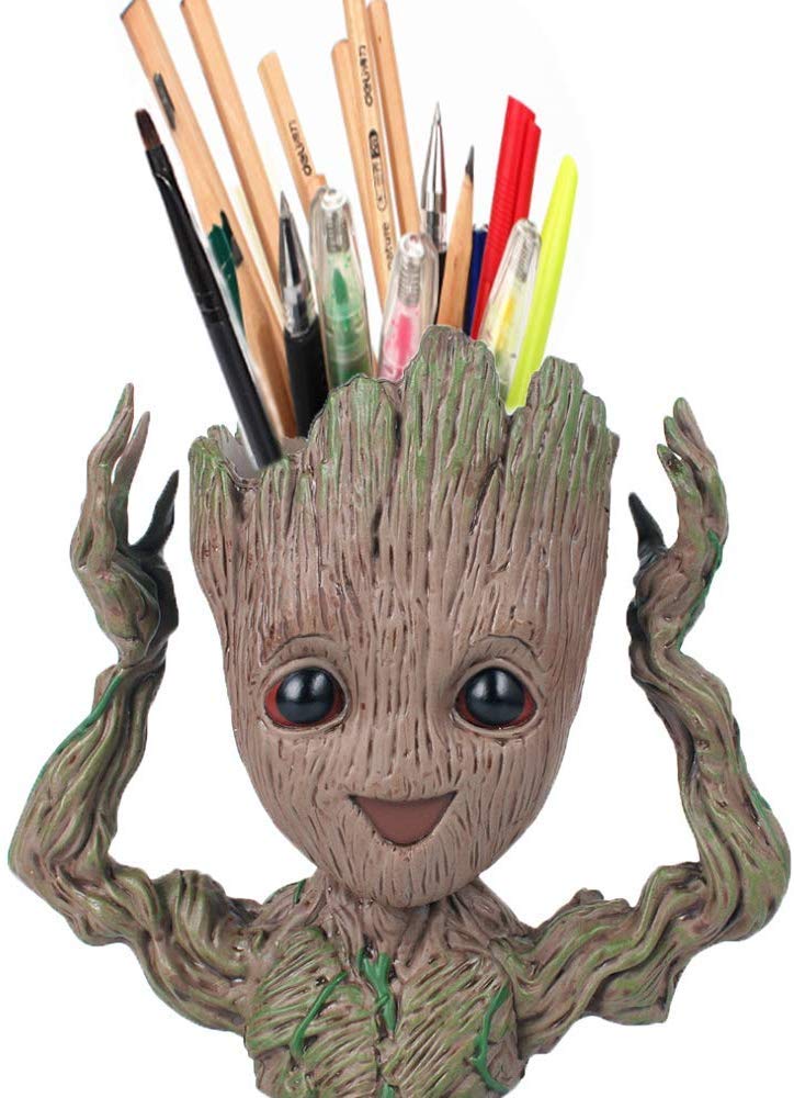 7" Baby Groot Pen Pot Tree Man Flower Pot with Drainage Hole Perfect for Succulents Plants or Pen Pot Pens Holder, Best Gift Idea(Happy)