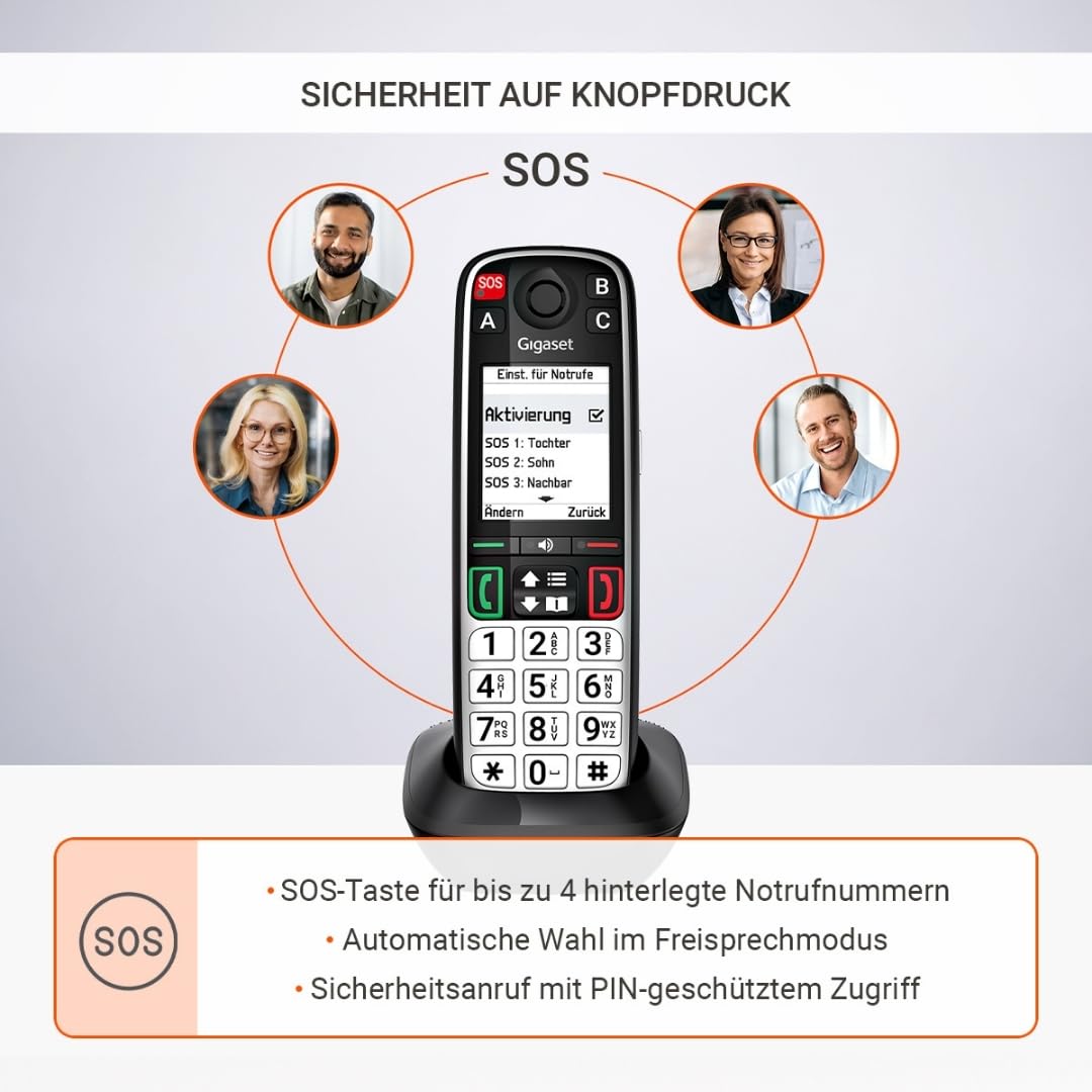 Gigaset Easy 520 Seniorentelefon mit SOS-Notruf, Direktwahltasten, Schwarz | 2,2-Zoll-Display, Freisprechfunktion, sprechende Wahltasten, Made in Germany, [Kompatibel in DE, IT, FR, NL, BE, CHE, AUT]