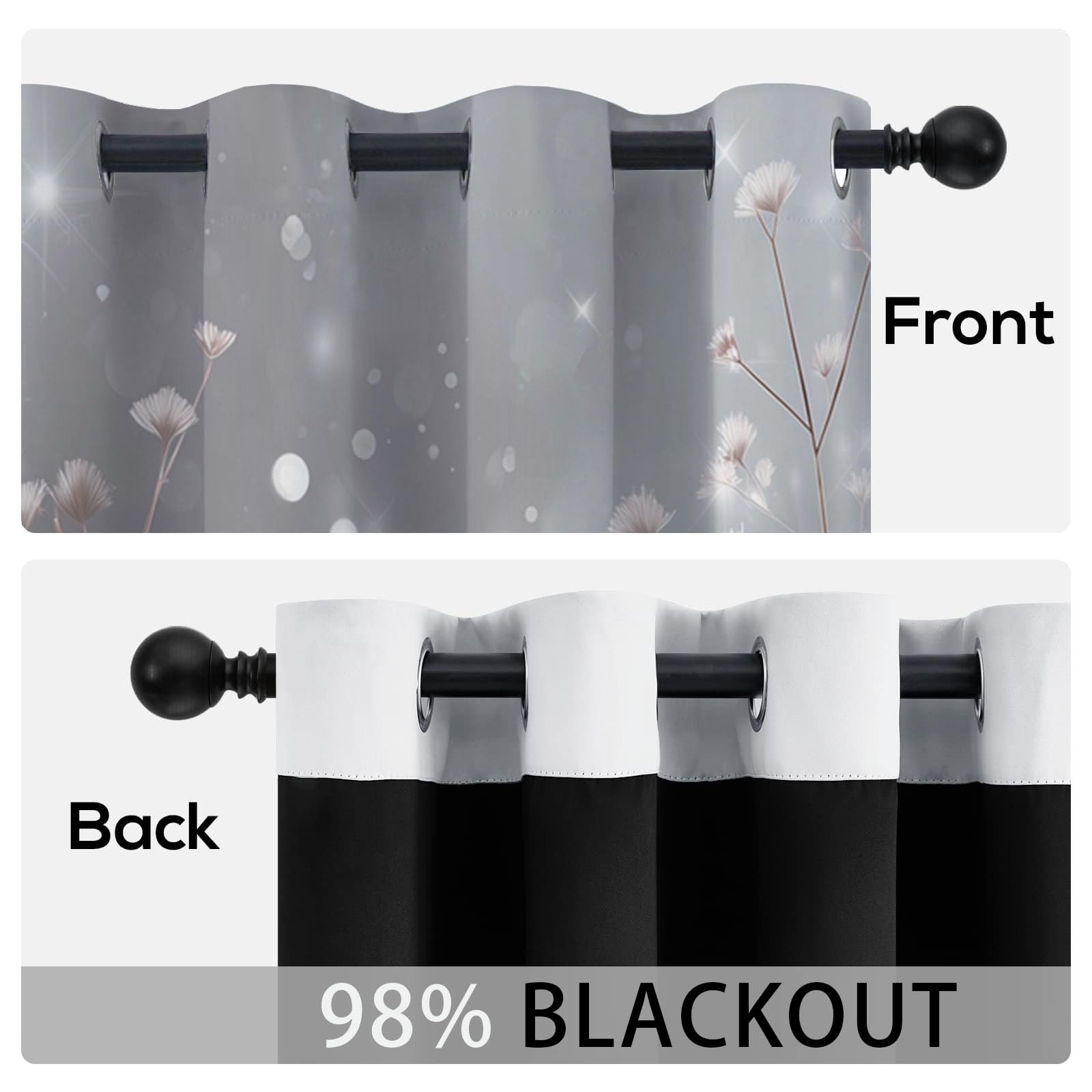 Rideau Occultant Isolant Thermique, Anti Froid Rideaux Opaque pour Chambre Coucher Salon Fleurs Art Décor Chambre, Motif Plantes Gouttes De Rosée, 140L X 225H cm, 2 Panneaux, Poudre de Cendre
