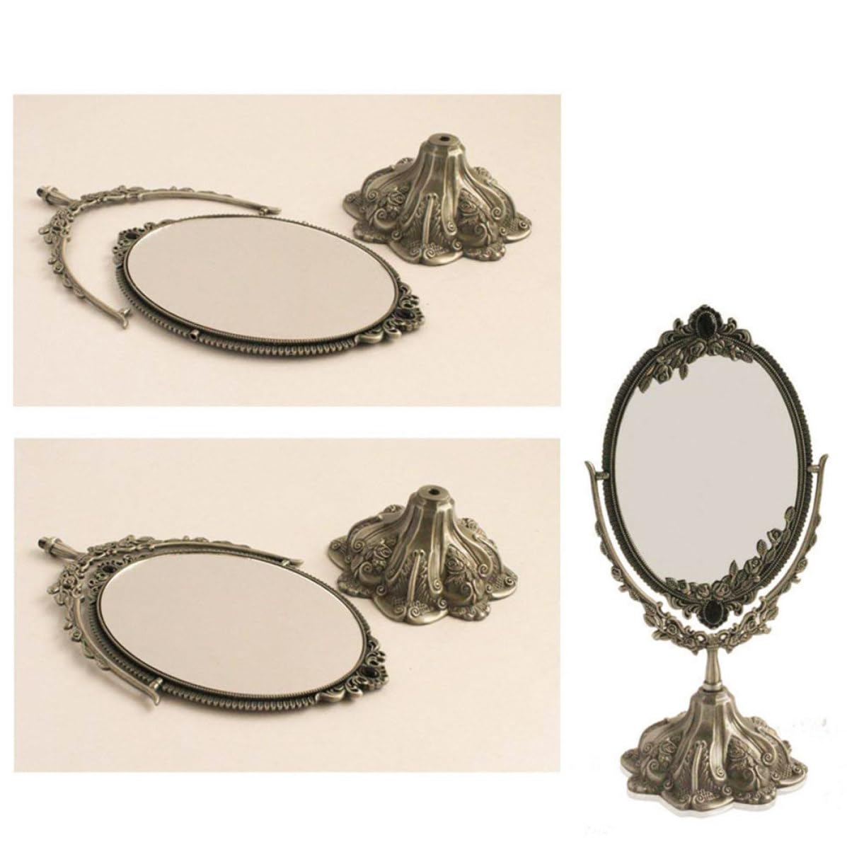 Retro Spiegel aus Metall mit Stabilem Standfuß und Filigranem Design Doppelseitiger Schminkspiegel für Makeup und Rasur Eleganter Tischspiegel mit Glasoberfläche