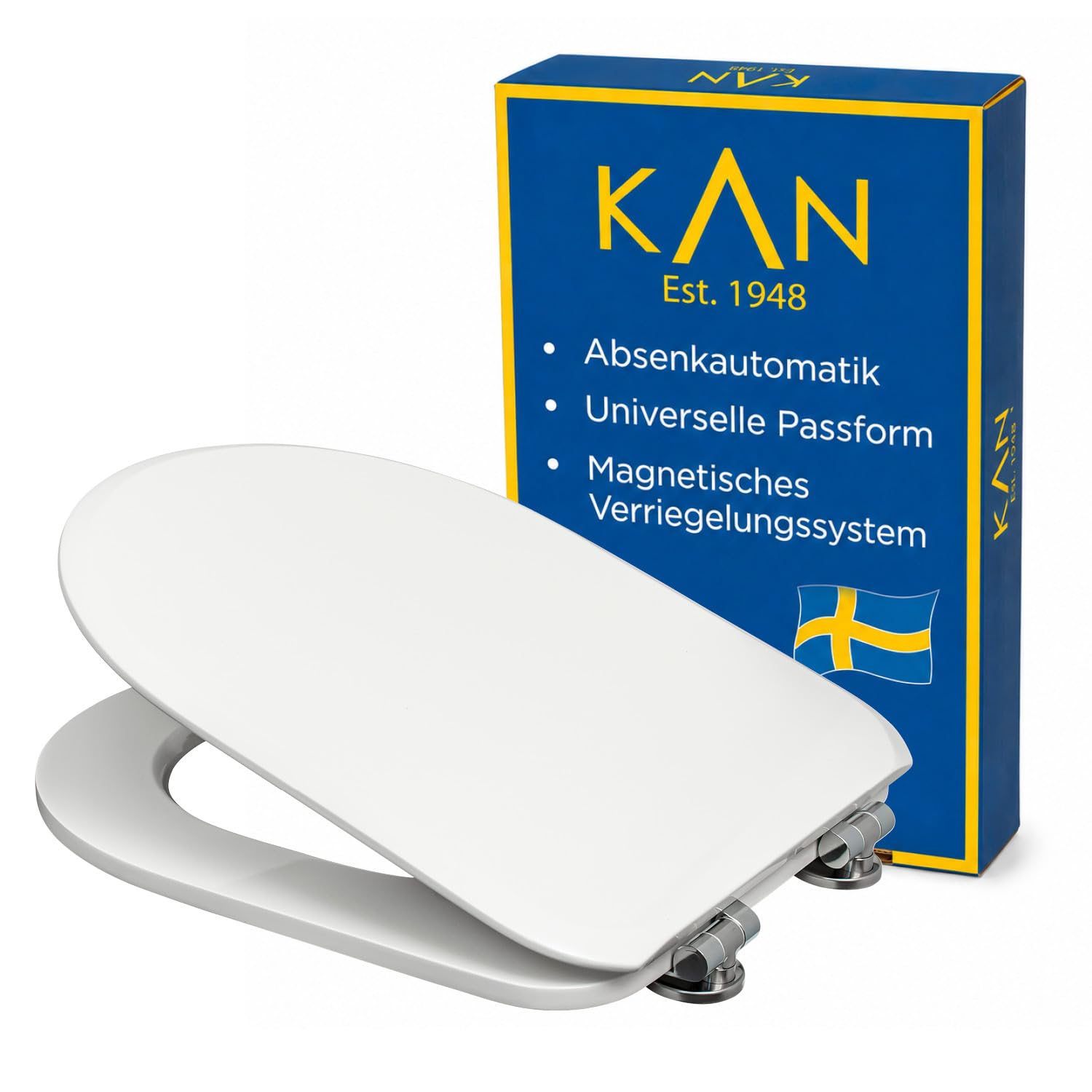 KAN - Sedile WC con abbassamento automatico, forma a D, in legno, con vestibilità universale, fissaggio dall'alto con sistema di bloccaggio magnetico, coperchio piatto con abbassamento automatico