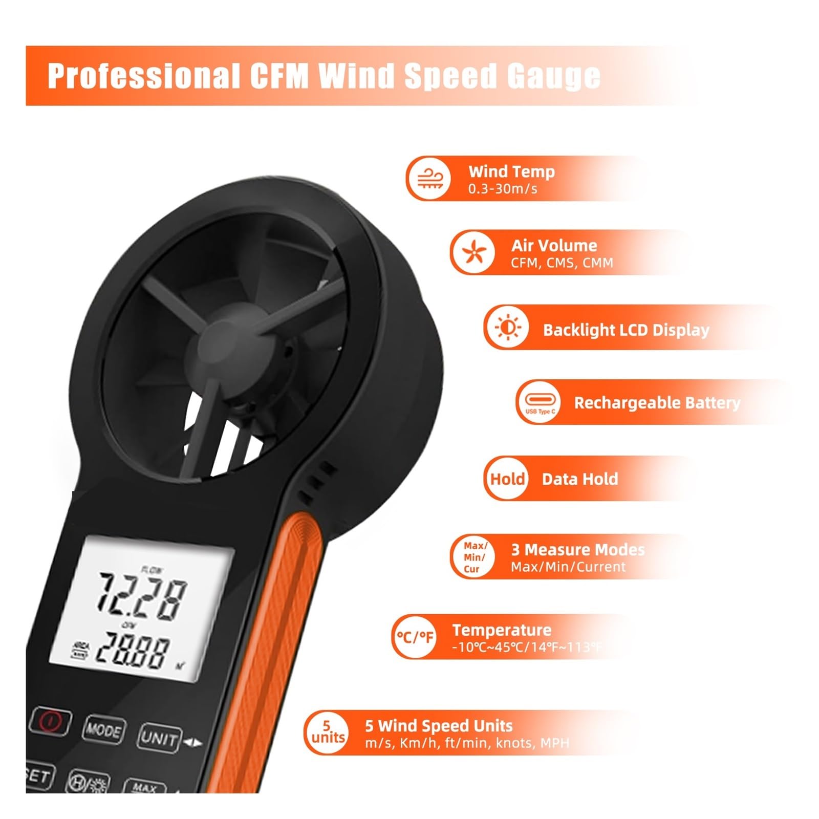 Anemometro, Anemómetro digital, anemómetro impermeable recargable CFM, mide la velocidad del viento (0,3-30 m/s) y el volumen de aire.(Yellow)