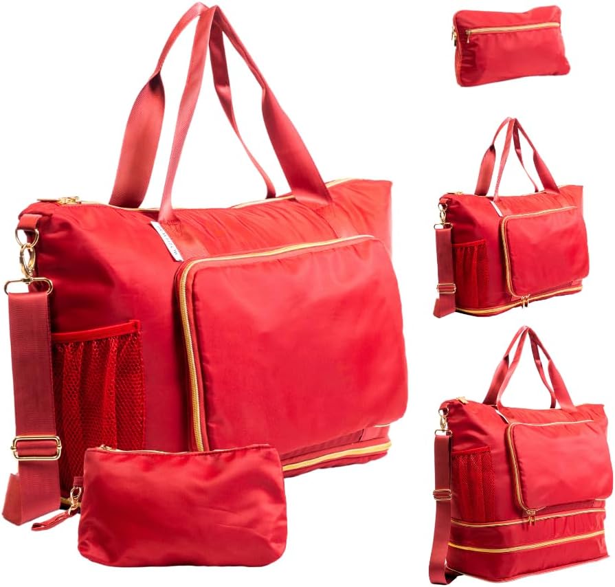 Large Travel Bag - Foldable & Expandable Carry-On Bag with Shoe Compartment, Water Bottle Pocket, Luggage Sleeve, Cosmetic Case