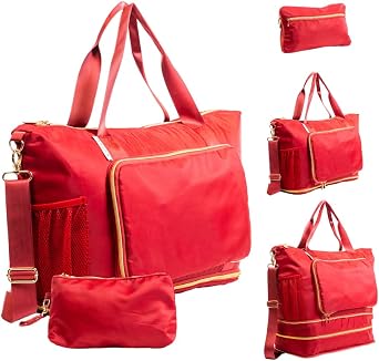 Large Travel Bag - Foldable & Expandable Carry-On Bag with Shoe Compartment, Water Bottle Pocket, Luggage Sleeve, Cosmetic Case