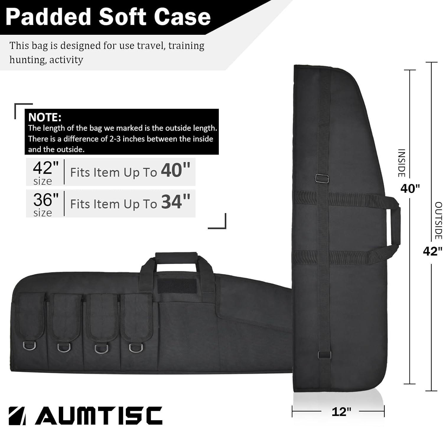 AUMTISC Tactical Rifle Gun Case, Soft Shotgun Carrying Range Bag with 6 Pouches, Fastening Straps Inside, Lockable Zippers, and Shoulder Sling, 36/42 Inch - Image 2