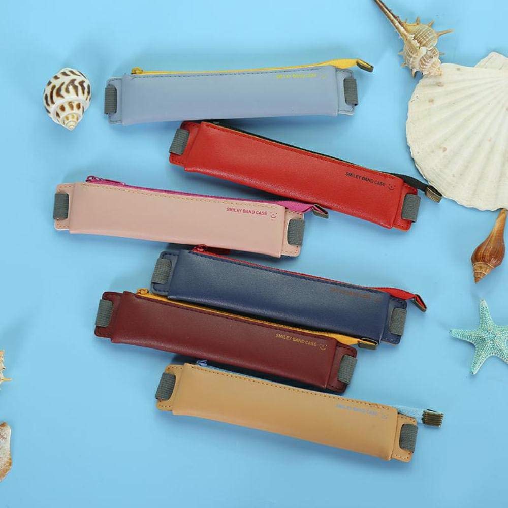 Trousse à Stylo Zippée En Cuir PU - Pochette Compacte Avec élastiques, Bleu Marine, 19x4.5 Cm