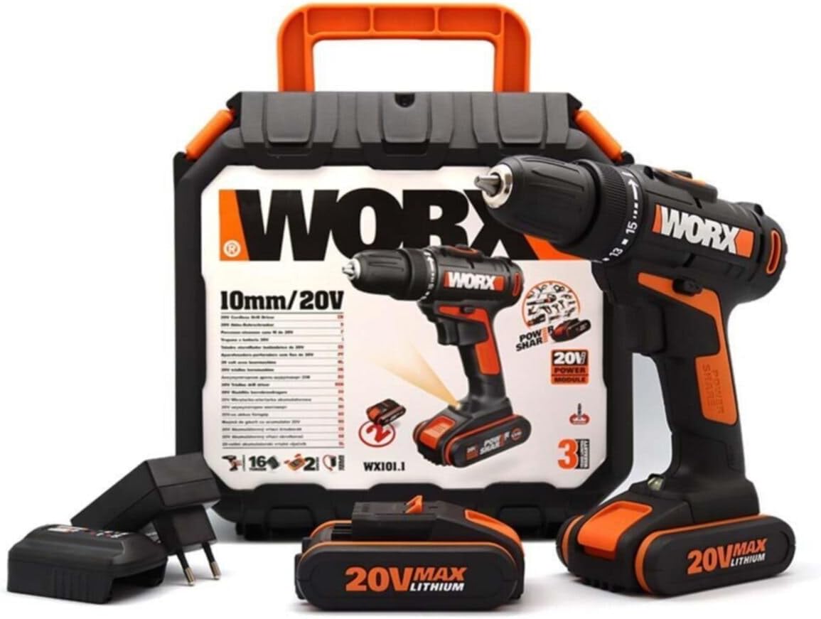 WORX WX101.1 Akku Bohrschrauber 20V – Leistungsstarker Akkuschrauber zum Bohren und Schrauben – Mit 2 Li-Ion Akkus, Ladegerät und Koffer