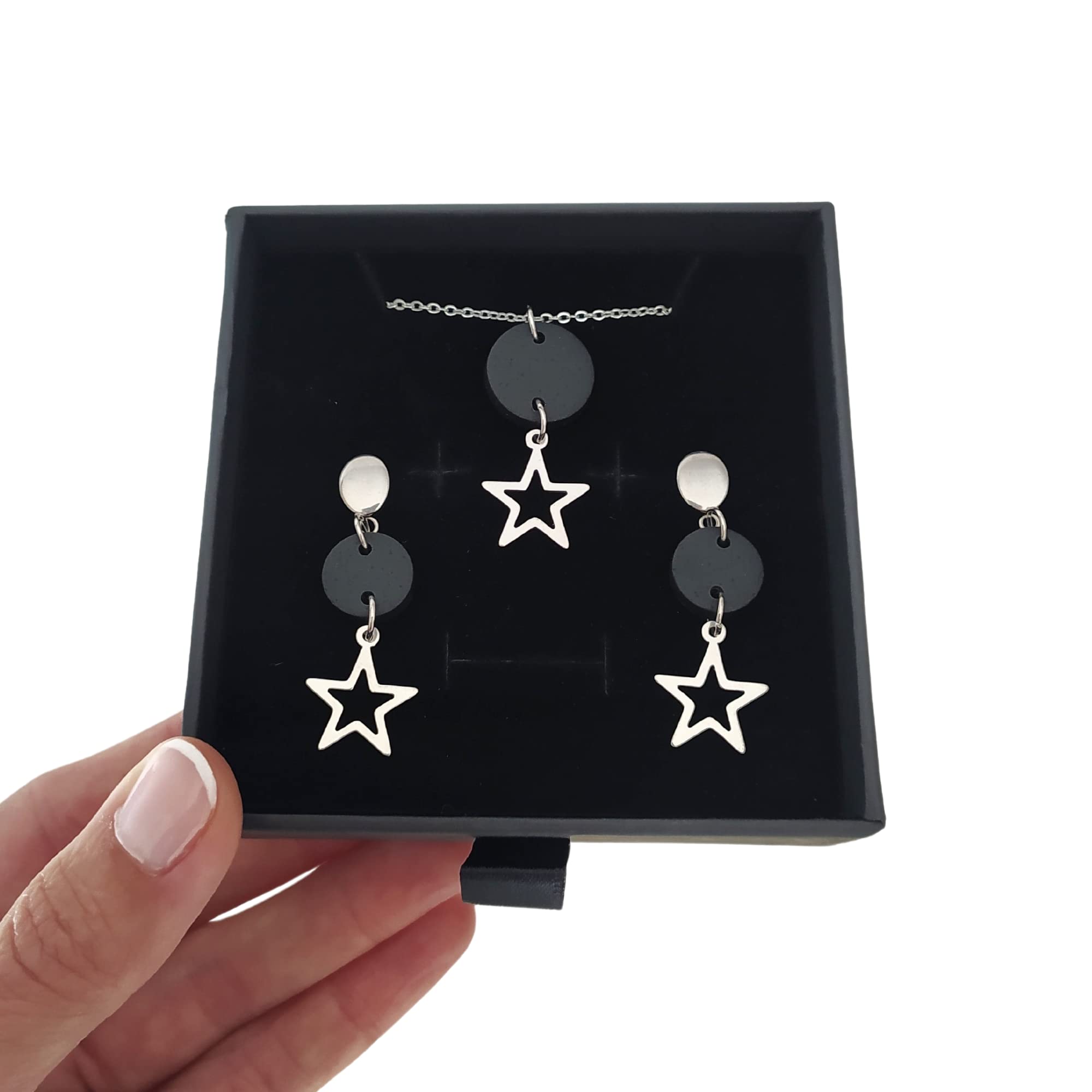 Pendientes estrella y Collar Estrella, Conjunto Estrella de collar y pendientes para mujer de acero inoxidable en color plata, Regalo original para Mujer