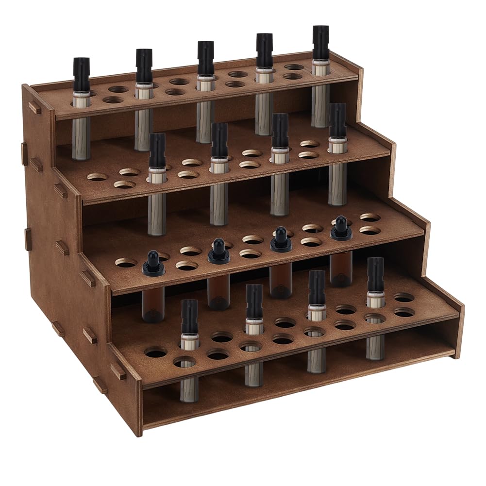 PH PandaHall 68 Holes Wooden Essential Oil Organizer Holder, 4-Tier Tabletop Essential Oil Display Stand Cosmetic Storage Organizer Vintage Wood Oil Perfume Rack for 3 4 5ml Rollers, Coconut Brown