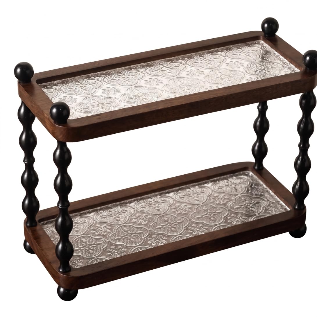 2-stöckiges Vintage-Holzregal mit geprägtem Acrylregal, Parfüm-, Make-up- und Hautpflege-Organizer für Schminktisch, Küche und Kaffeestation