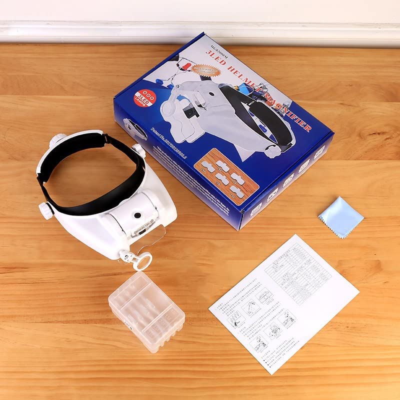 Zestaw akcesoriów do mikroskopu, opaska na głowę, okulary, lupa, 1 x 1,5 x 2,5 x 2,5 x 3,5 x 8 x szkło powiększające z oświetleniem LED, podświetlane szkiełka mikroskopowe