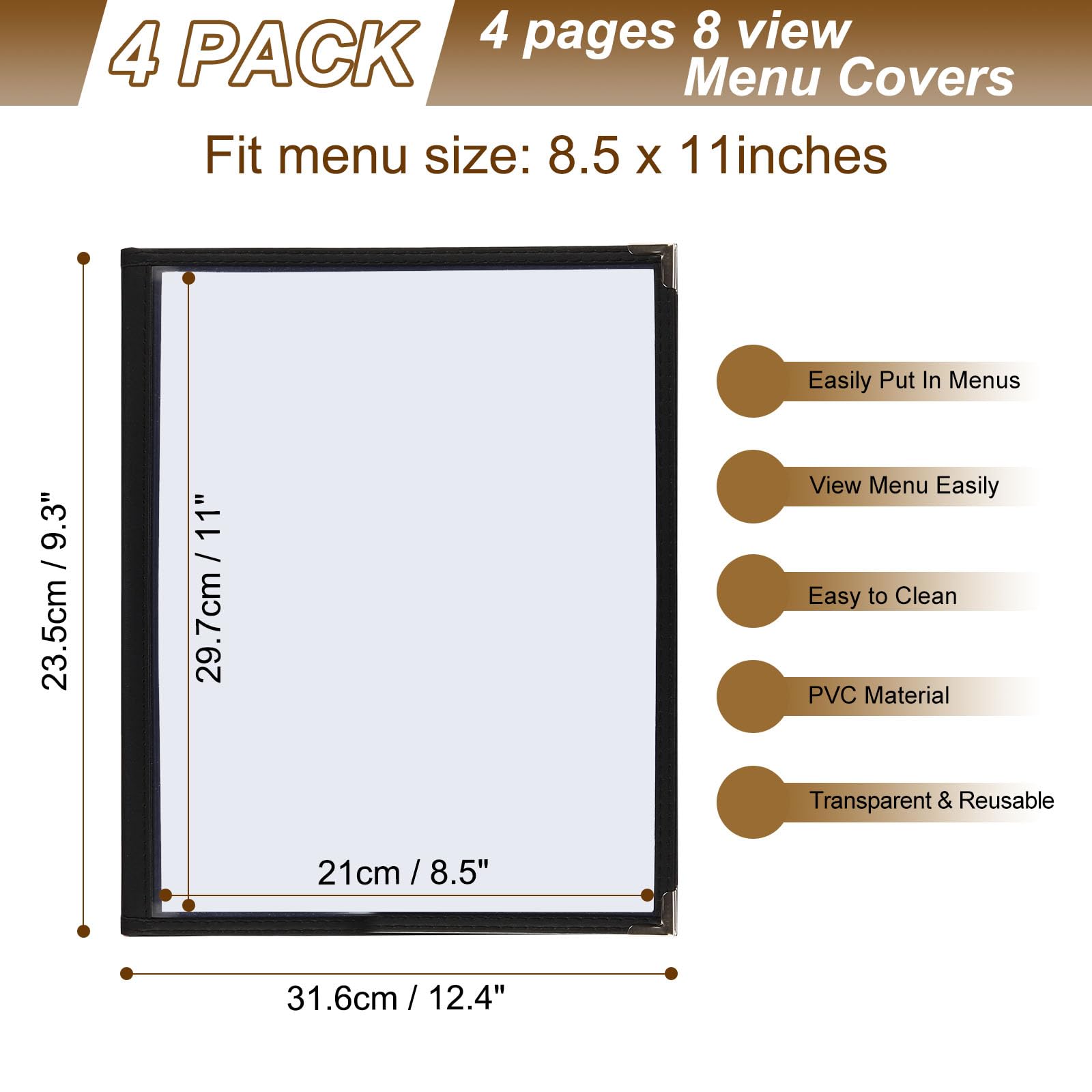PATIKIL Menu Abdeckungen 4 Pack Restaurant Cover Halterung Klar Hülsen Durchsichtig 4 Seite 8 Ansicht Plastik Menüs Faltblatt Buch für Bar Restaurant Schwarz 8.5 x 11"