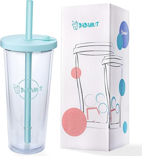 Dadanut Boba Bubble Smoothie Cup reutilizable con una pajita ancha reutilizable, tamaño grande de 24 onzas, aislamiento de doble pared y tapa a