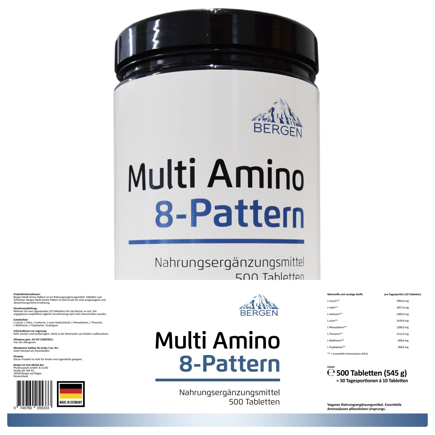 Multi Amino-EAA 8 Pattern - 500 Tabletten mit je 1000 mg - Master Amino Protein Formel mit 8 essentielle Aminosäuren aus Hülsenfrüchten - BCAA - Hochdosiert - Vegan - Laborgeprüft