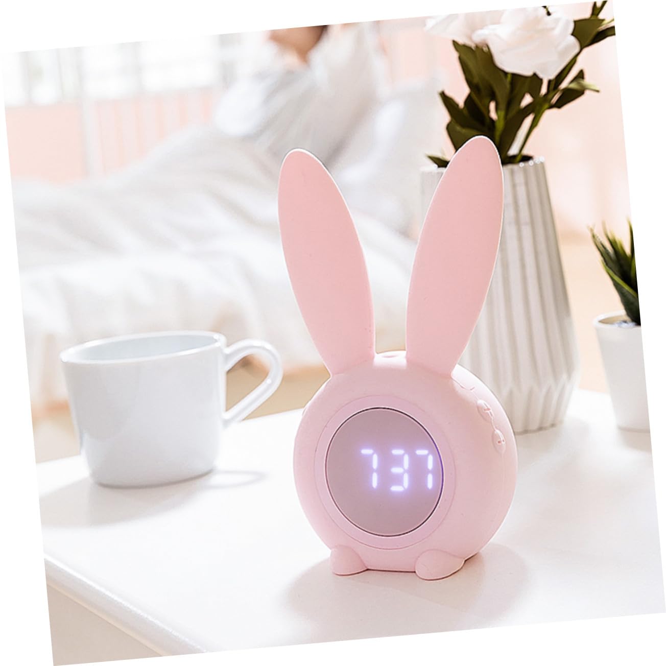 Lurrose Réveil Lapin Mignon LED Veilleuse, USB Rechargeable, Rose