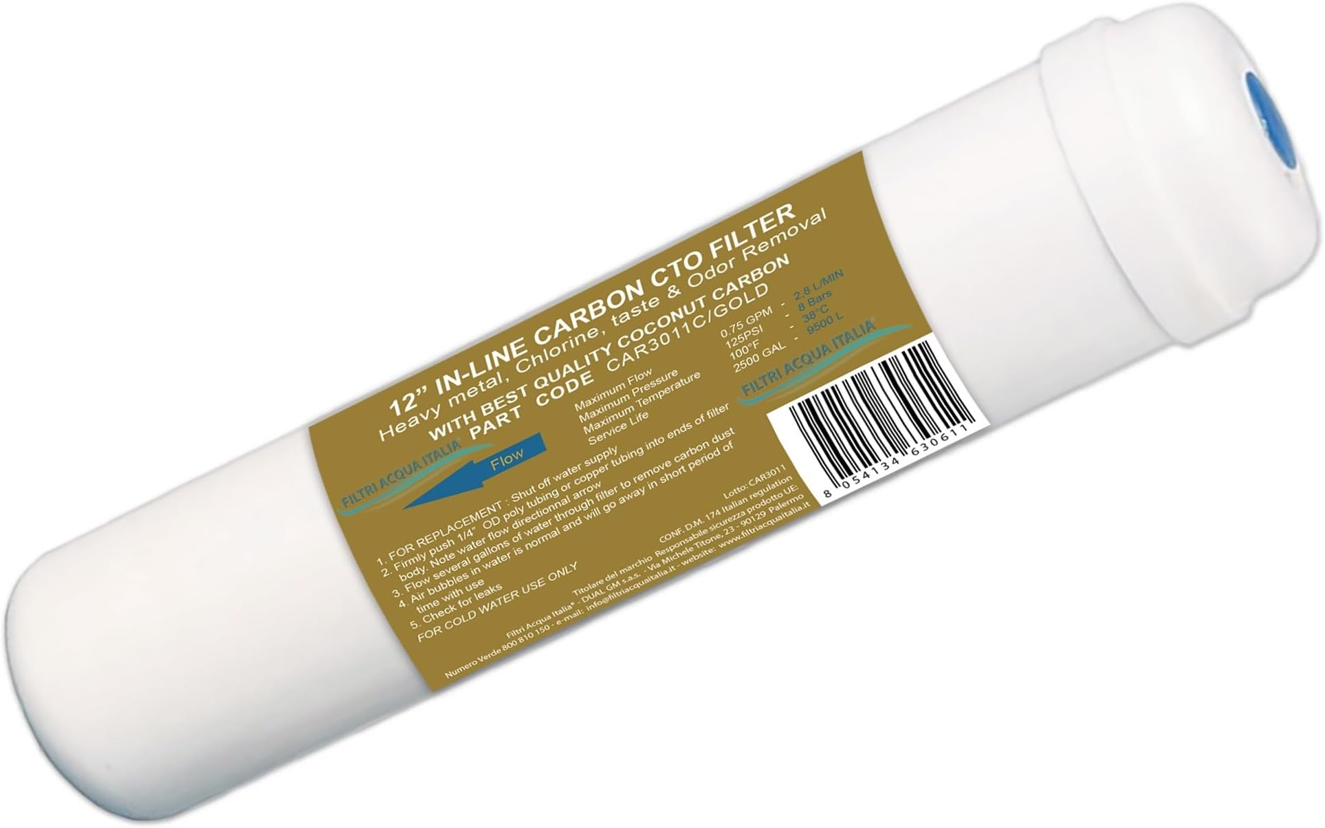 Inline Filter 12 Inch 10 Micron Carbon Block CTO CAR3011C Gold - for Reverse Osmosis Systems, 1/4" Fittings, Flow Rate 2.8 L/min - Acqua Italia Filters