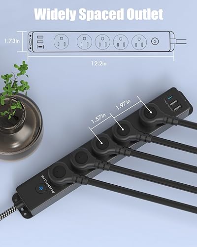 Miniatura 7 de Regleta protectora de sobretensiones con puertos USB C, cable de extensión trenzado de 5 pies, 5 salidas y 3 puertos USB (1 USB C), regletas de