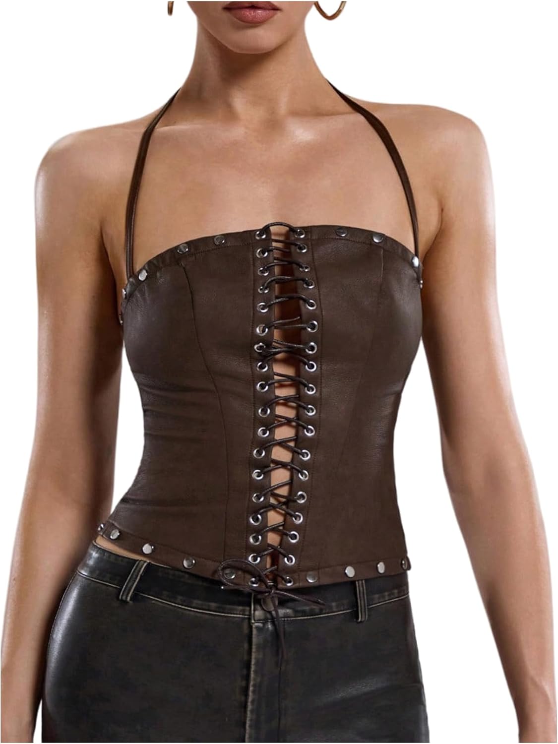 WDIRARA Women's PU Leather Lace Up Halter Top Vintage Western Sleeveless Backless Camisole Tops