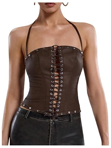 WDIRARA Women's PU Leather Lace Up Halter Top Vintage Western Sleeveless Backless Camisole Tops - X-Small - Brown