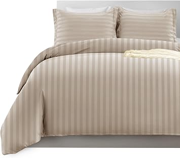 Imperial Rooms King Size Duvet Cover Sets Reversible Stripes Satin Bedding Set with Pillowcases Breathable Microfiber Duvet Covers Beige 230x220 Cm