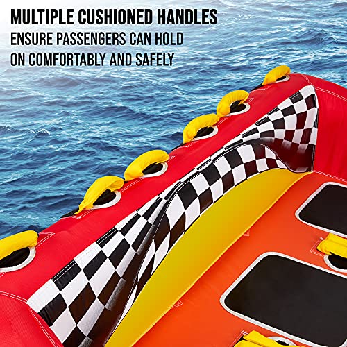 Towable Water Tube | 3-Person Inflatable Floating Raft For Boating With Cushion Seats, Grip Handles, Dual Tow Points & Speed Safety Valve For Fast Inflation | 12V Air Pump & Tow Rope Included #TOP5