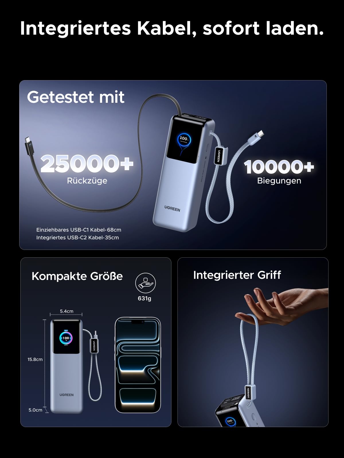 UGREEN Nexode Pro Power Bank 25000mAh 200W mit 2 Integrierten USB-C Kabeln | 68cm einziehbares Kabel, 3x USB-C+1x USB-A, TFT Display, für Reisen/Büro, Kompatibel mit MacBook, iPhone