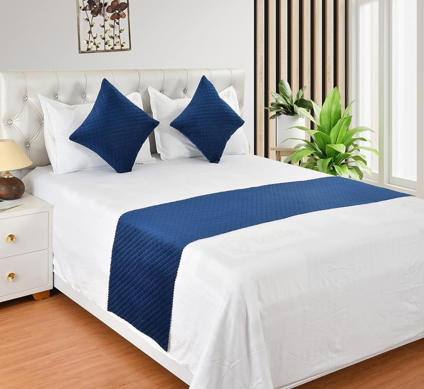 Velvet Quilted Bed Runner and Cushion Cover Combo Set, 16 x 96 inches Runner with 2 Cushion Covers 16 x 16 inches, (Blue)-image-23
